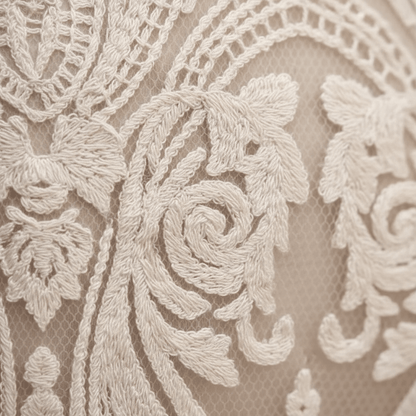Close-up of an ivory lace fabric with intricate floral embroidery and mesh backing.