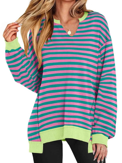 women_fashion - littlescollectionSweatshirt womenNotched Long Sleeve Oversized Contrast Trimming SweatshirtShip From Overseas