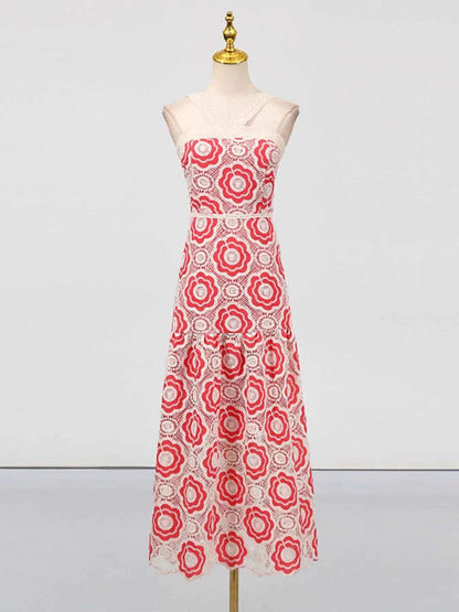women_fashion - littlescollectionCotton dressLace Sleeveless Cotton Floral Print Tiered Long Dress