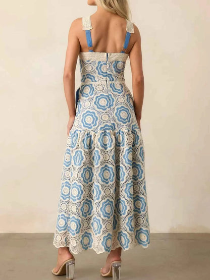 women_fashion - littlescollectionCotton dressLace Sleeveless Cotton Floral Print Tiered Long Dress