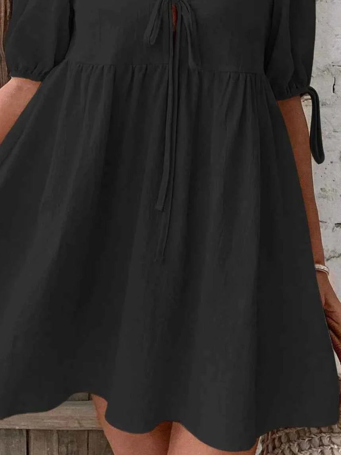women_fashion - littlescollectionCotton dressV - Neck Tie - Front Mini Dress with Puff Sleeveslittlescollection