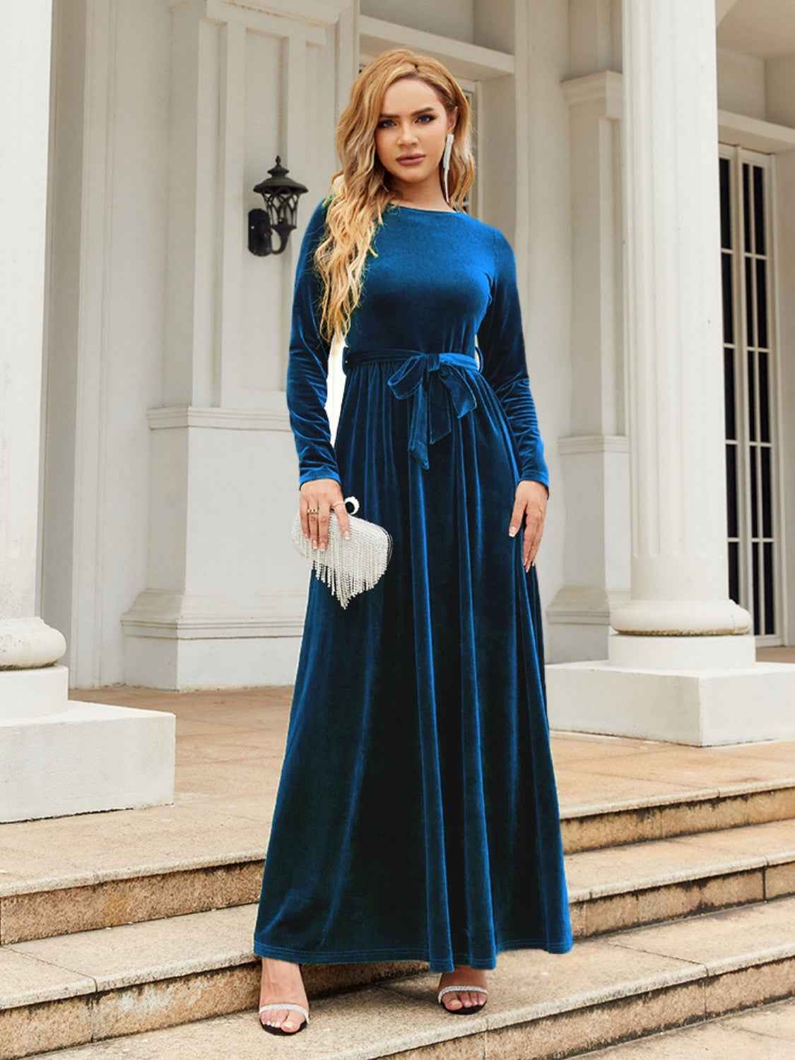 Tie Front Long Velvet Maxi Dress