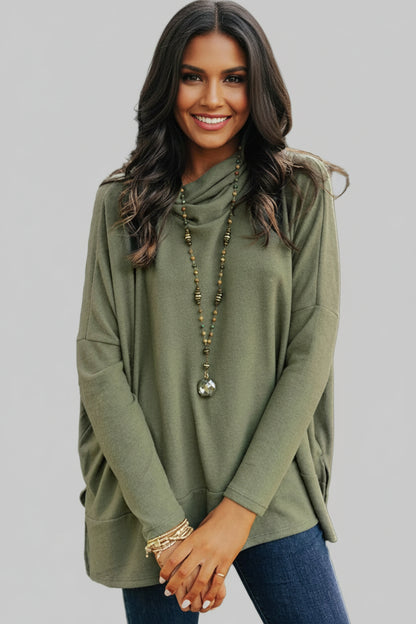 High-Low Cowl Neck Cotton Blend Blouse