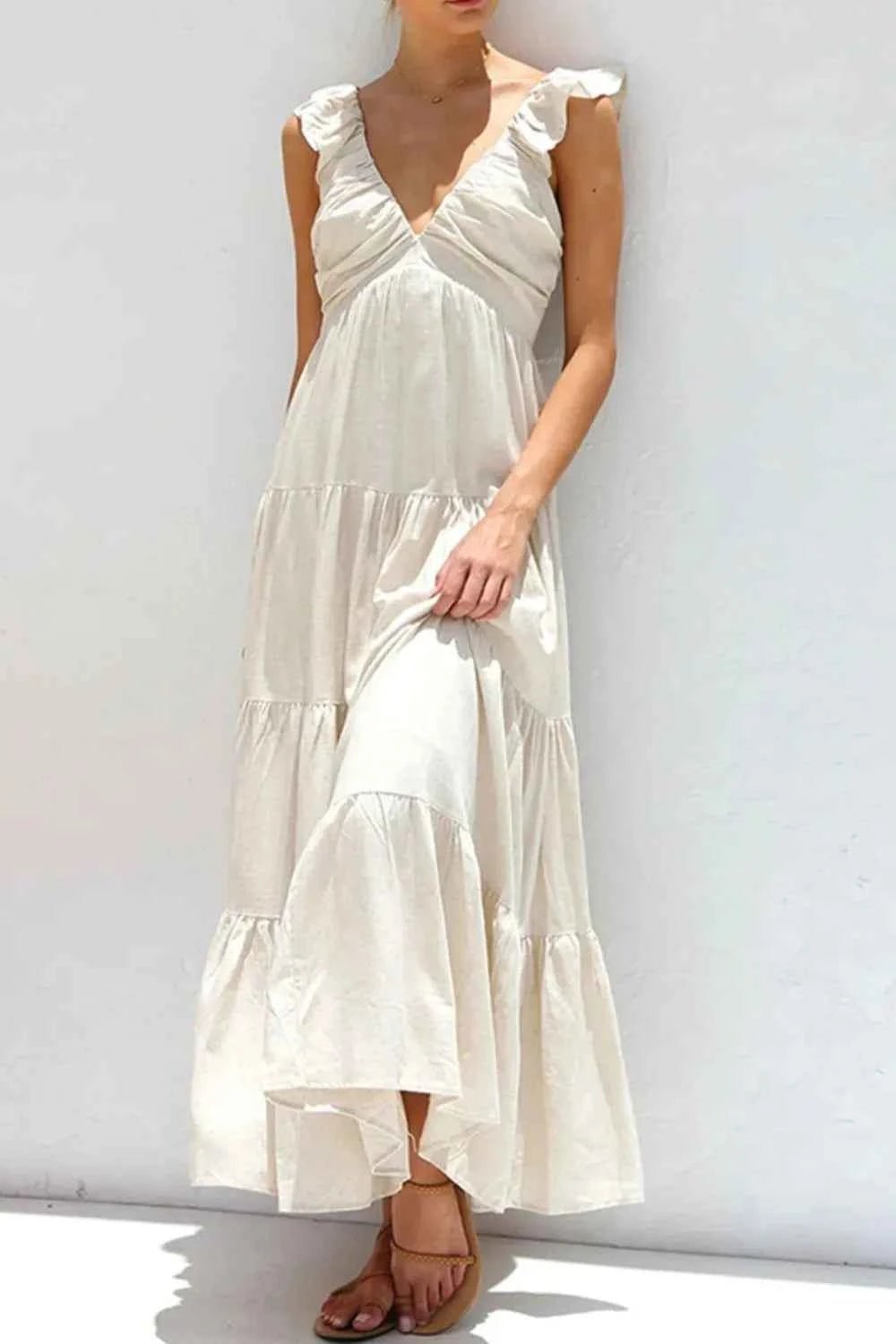 women_fashion - littlescollectionDressOff - White Cotton V - Neck Tiered Smoked Ruffled Long DressLinen long dresses