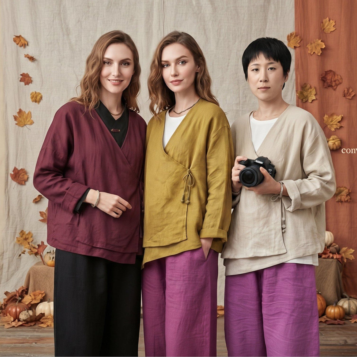three women wearing boho-style linen clothing, including long-sleeve button-up shirts and wide-leg trousers in rich fall colors like burgundy, mustard yellow, and beige, standing against an autumn-themed backdrop.