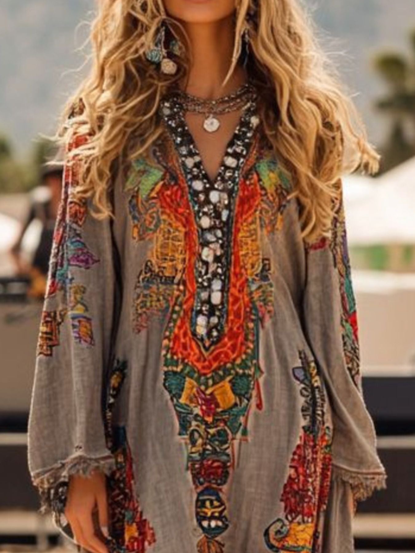 women_fashion - littlescollectionMidi dressFringe Hem Notched Long Sleeve Dress Womenboho luxe dress