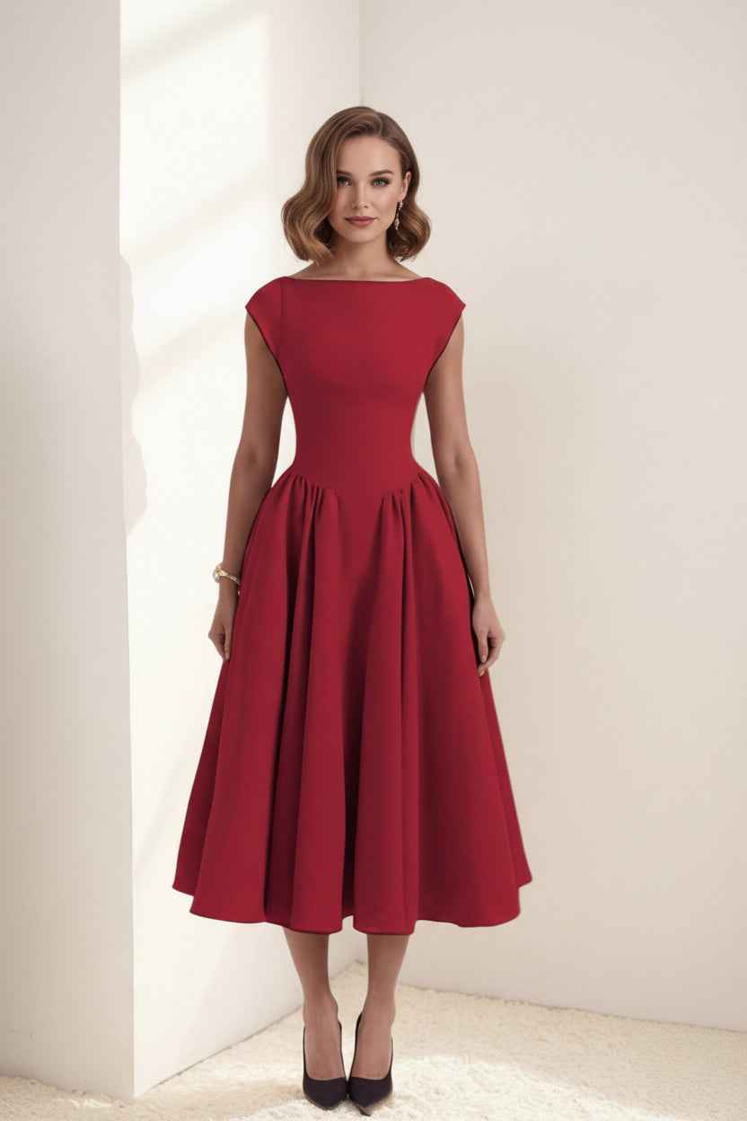 Backless A-Line Midi Dress Cap Sleeve Plus Size Women red