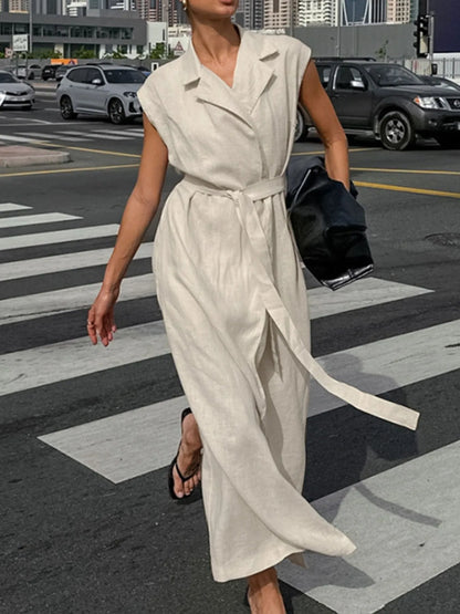 women_fashion - littlescollectionDressBelted Cap Sleeve Linen - Cotton Maxi DressChic Charm