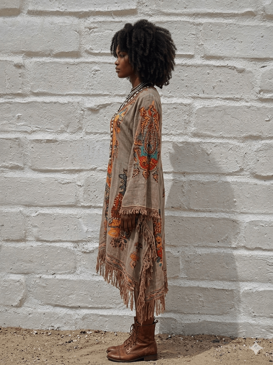 Woman wearing a patterned dress with fringes against a textured wall.