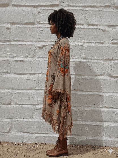 women_fashion - littlescollectionMidi dressFringe Hem Notched Long Sleeve Dress Womenboho luxe dress