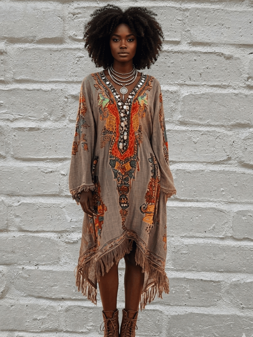 Midi dress Fringe Hem Notched Long Sleeve Dress Women boho luxe dress