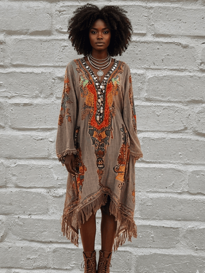 Midi dress Fringe Hem Notched Long Sleeve Dress Women boho luxe dress