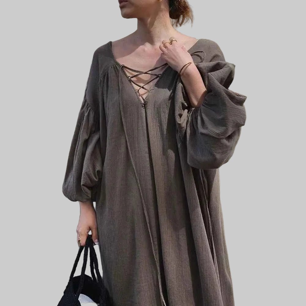 women_fashion - littlescollectionDressCasual Oversized Vintage Vibes Lantern Sleeve Long Dress