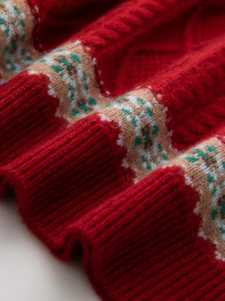 Close-up of a red knit sweater with a beige and green Fair Isle patterned band.