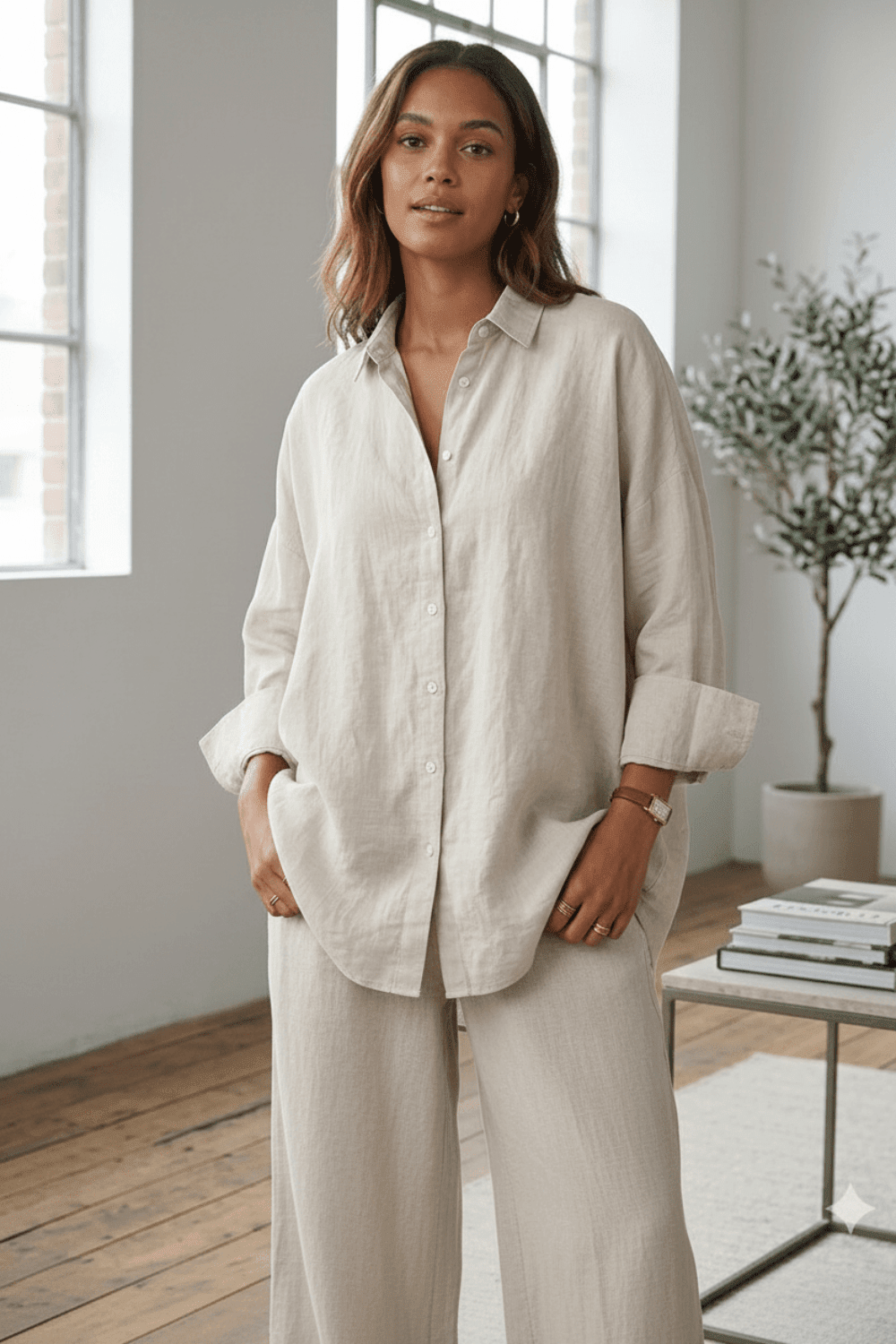 Woman wearing a beige linen shirt and pants in a bright room.