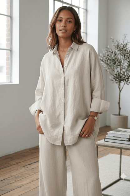 Woman wearing a beige linen shirt and pants in a bright room.
