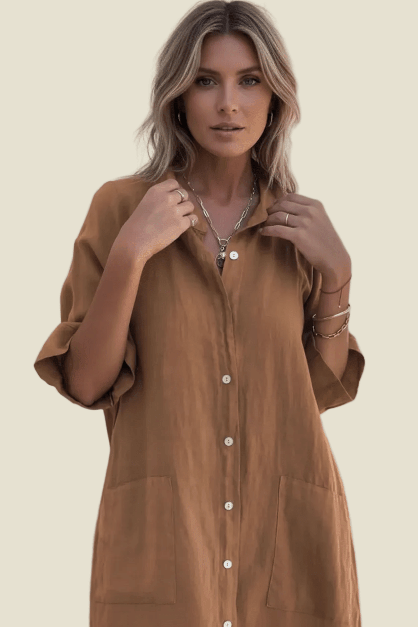 BohoLittlesEdit - Midi dress linen - Sienna Linen Button-Down Midi Shirt Dress Women