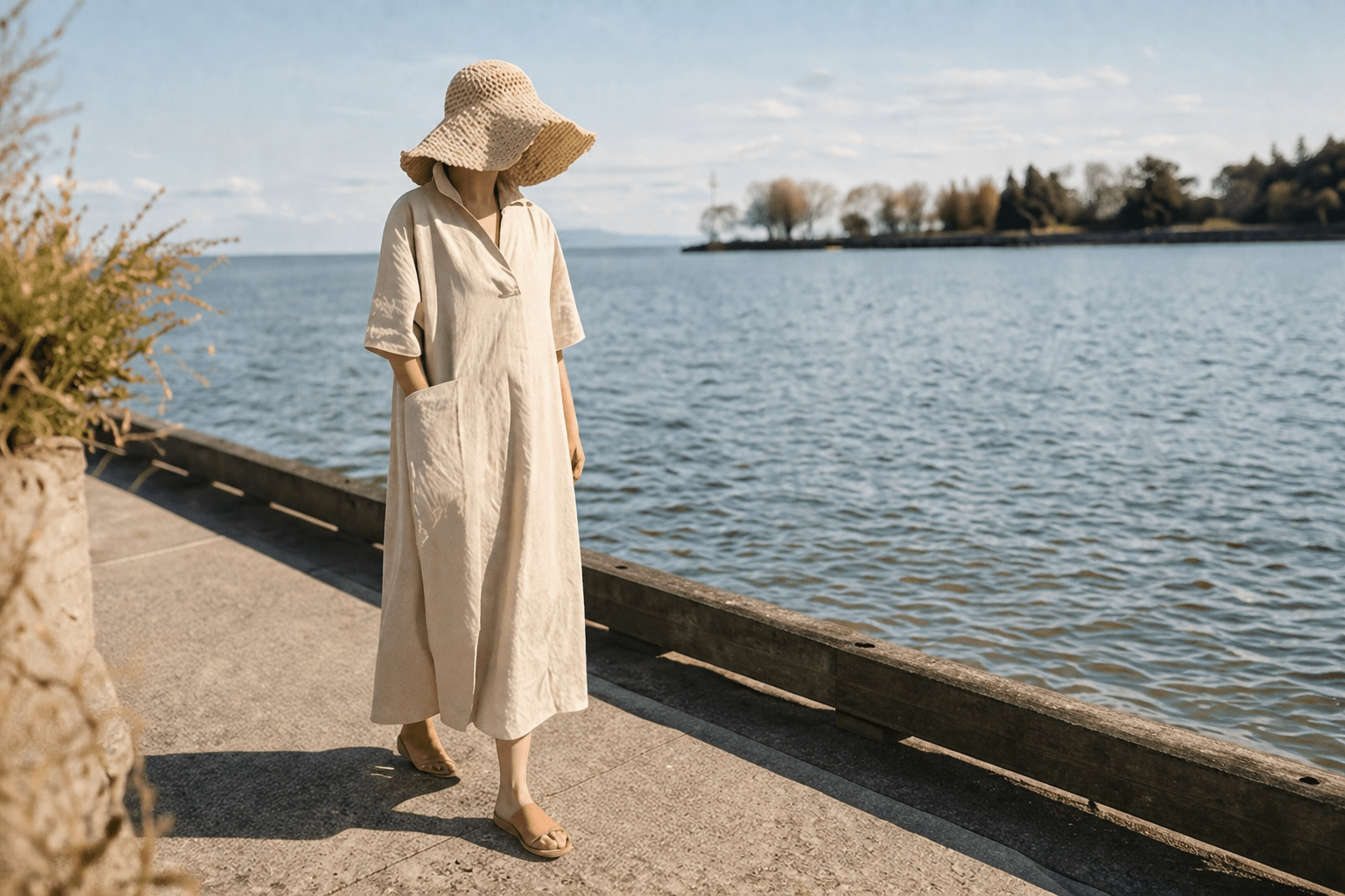 A woman wearing a beige linen midi dress and a wide-brimmed straw hat walks along a concrete boardwalk next to a large body of water.