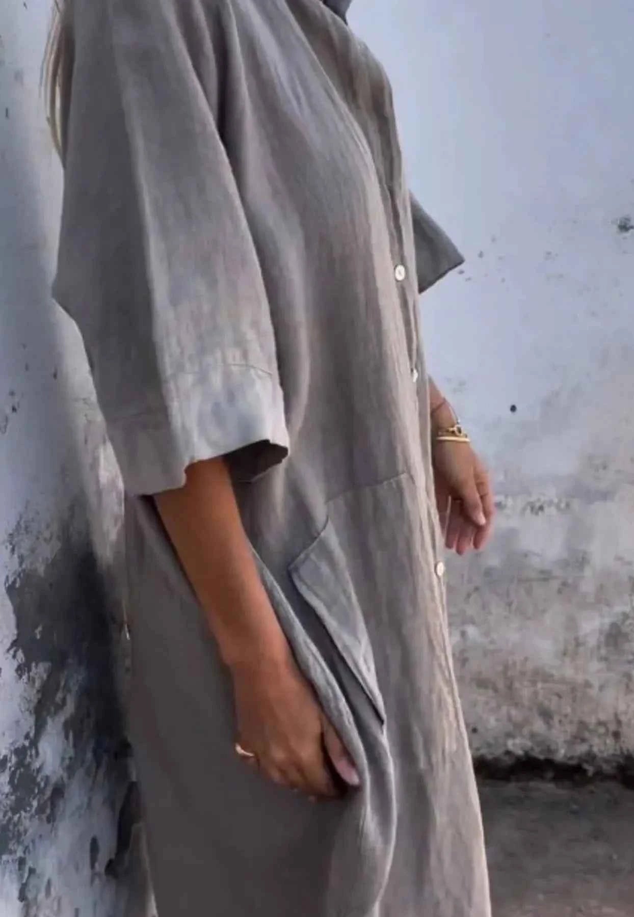 Linen Button Down Shirt Dress Patch Pockets 
