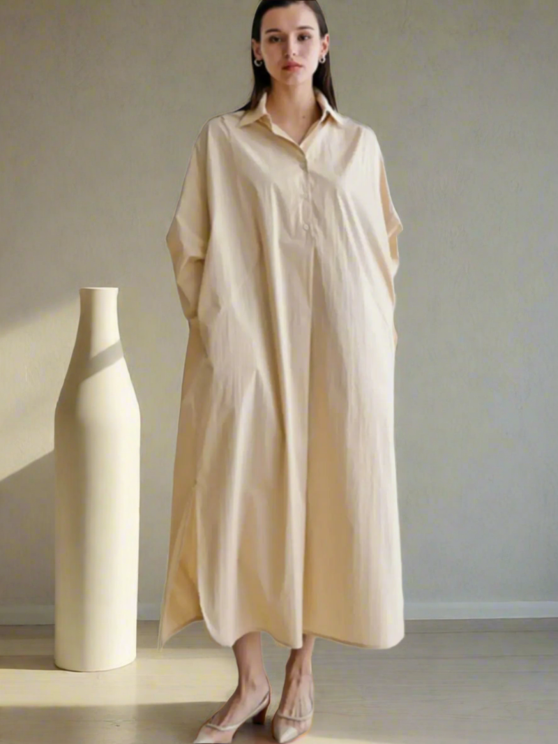 Mira vintage linen midi dress in soft cotton blend with button front and relaxed fit.
