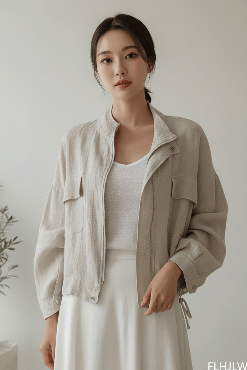 Woman wearing a beige jacket over a white top and skirt, standing against a plain background.