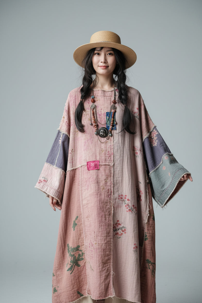 Person wearing a long, patterned dress with a hat and camera, standing in a room with plants and furniture.