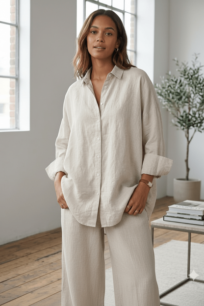 Woman wearing a beige linen shirt and pants in a bright room.