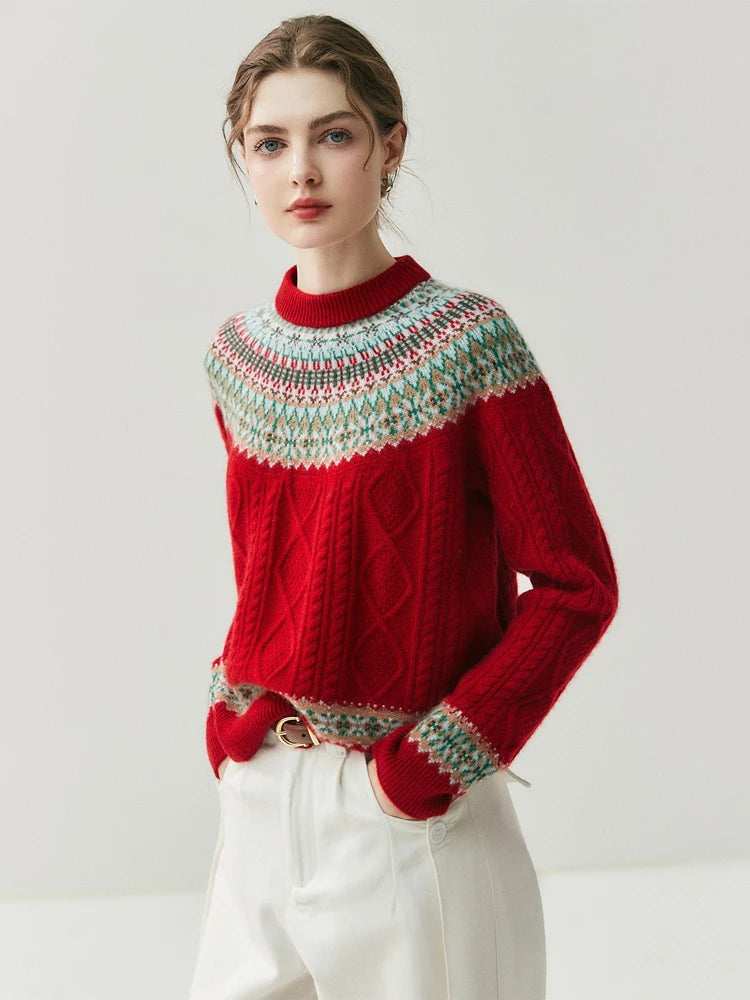 Woman wearing a red sweater with a patterned yoke against a white background