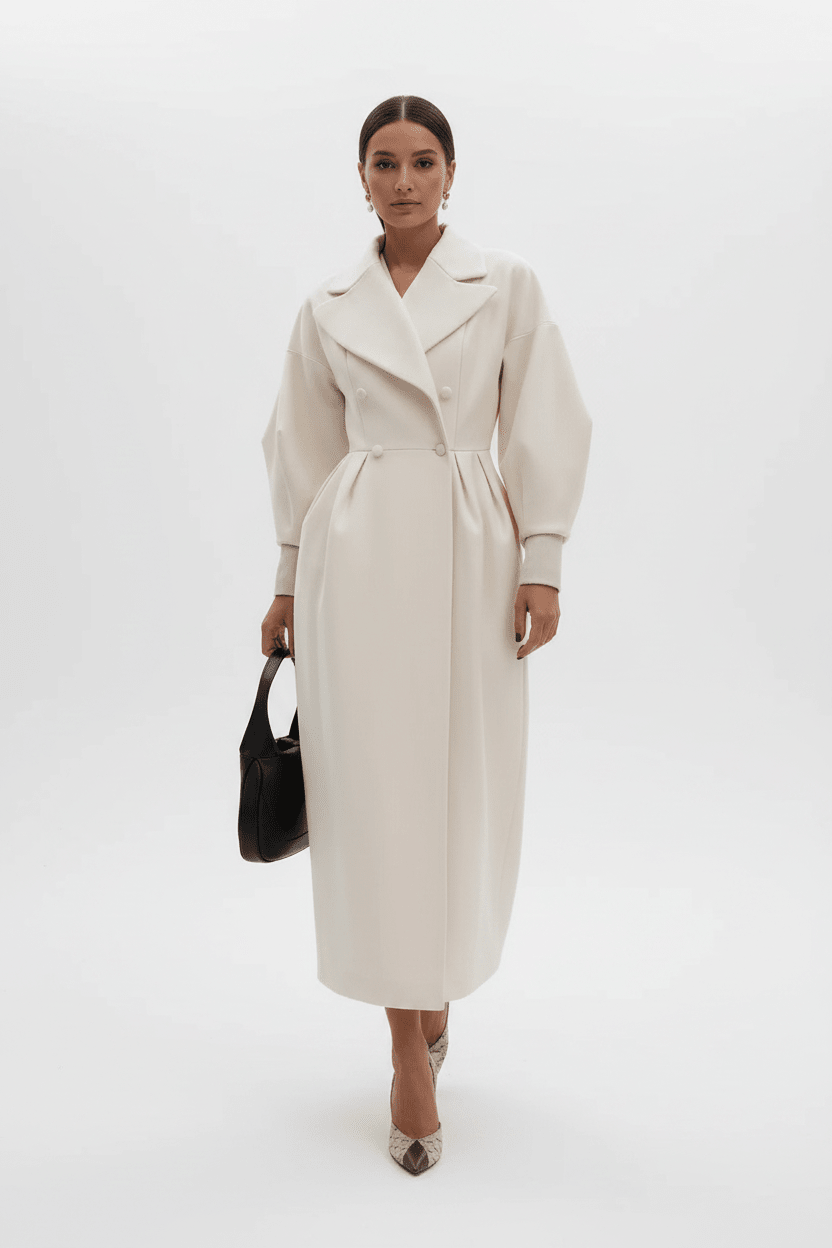 A woman modeling a long cream-colored wool coat with a belted waist and wide lapels, holding a black handbag against a plain light gray studio background.