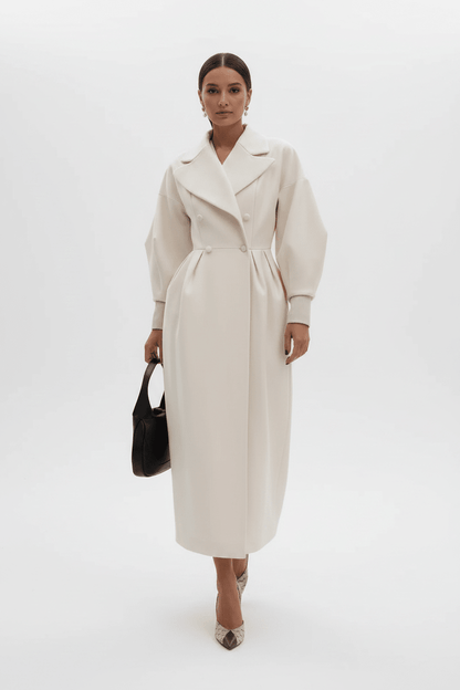 A woman modeling a long cream-colored wool coat with a belted waist and wide lapels, holding a black handbag against a plain light gray studio background.