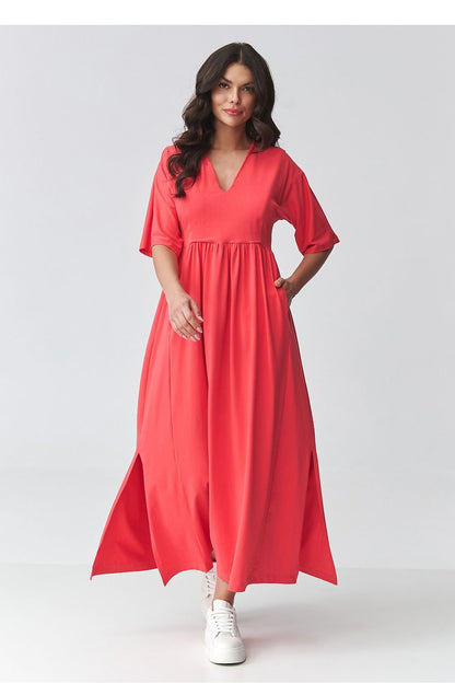 women_fashion - littlescollectionDressV - Neck Maxi Daydress | Waistline Cut Cotton Blendmaxi dress