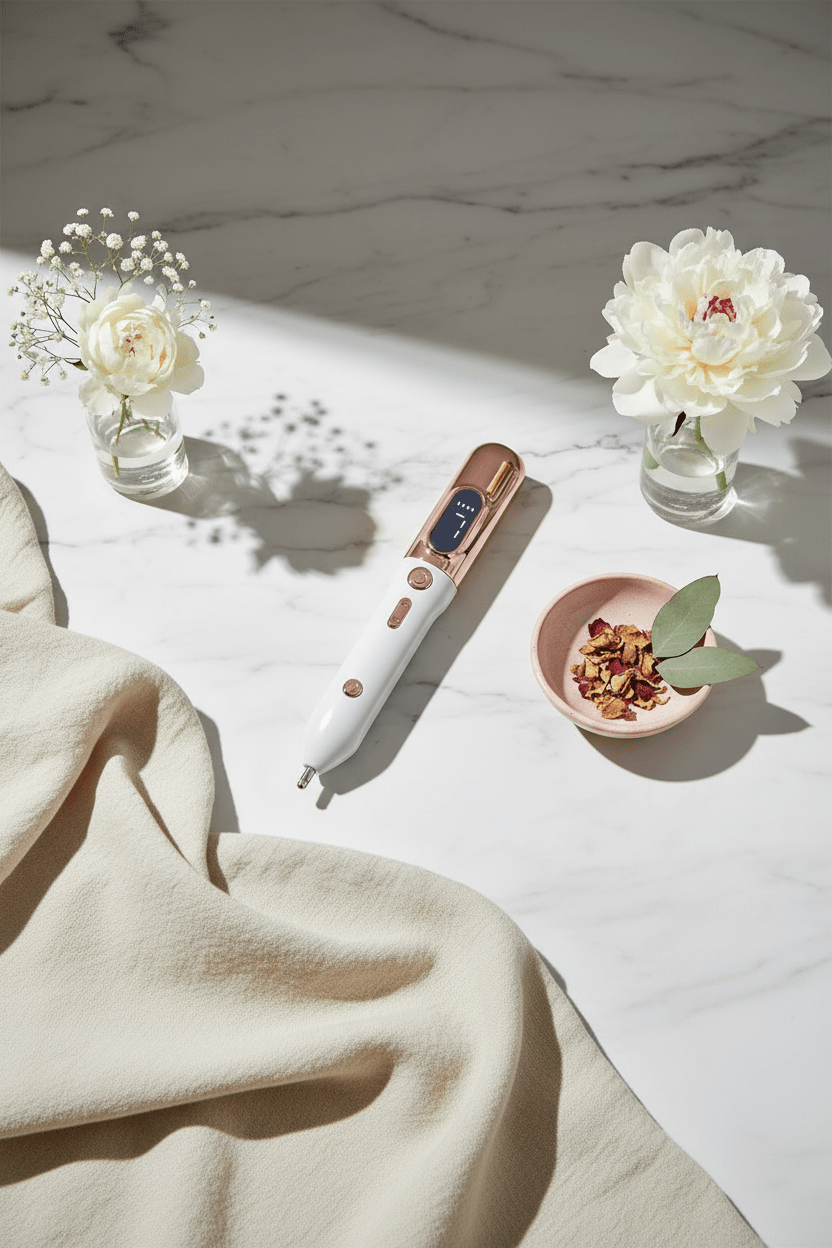 White electronic device on a marble surface with flowers and a small dish.