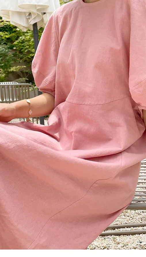 Pink French Vintage Balloon Sleeve Crew Neck Dress Women