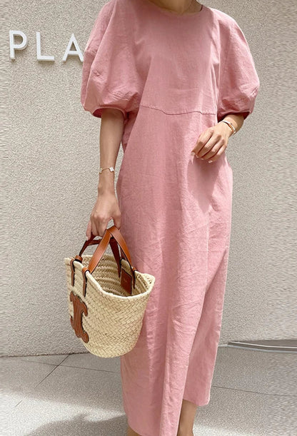 French Vintage Balloon Sleeve Crew Neck Dress Women