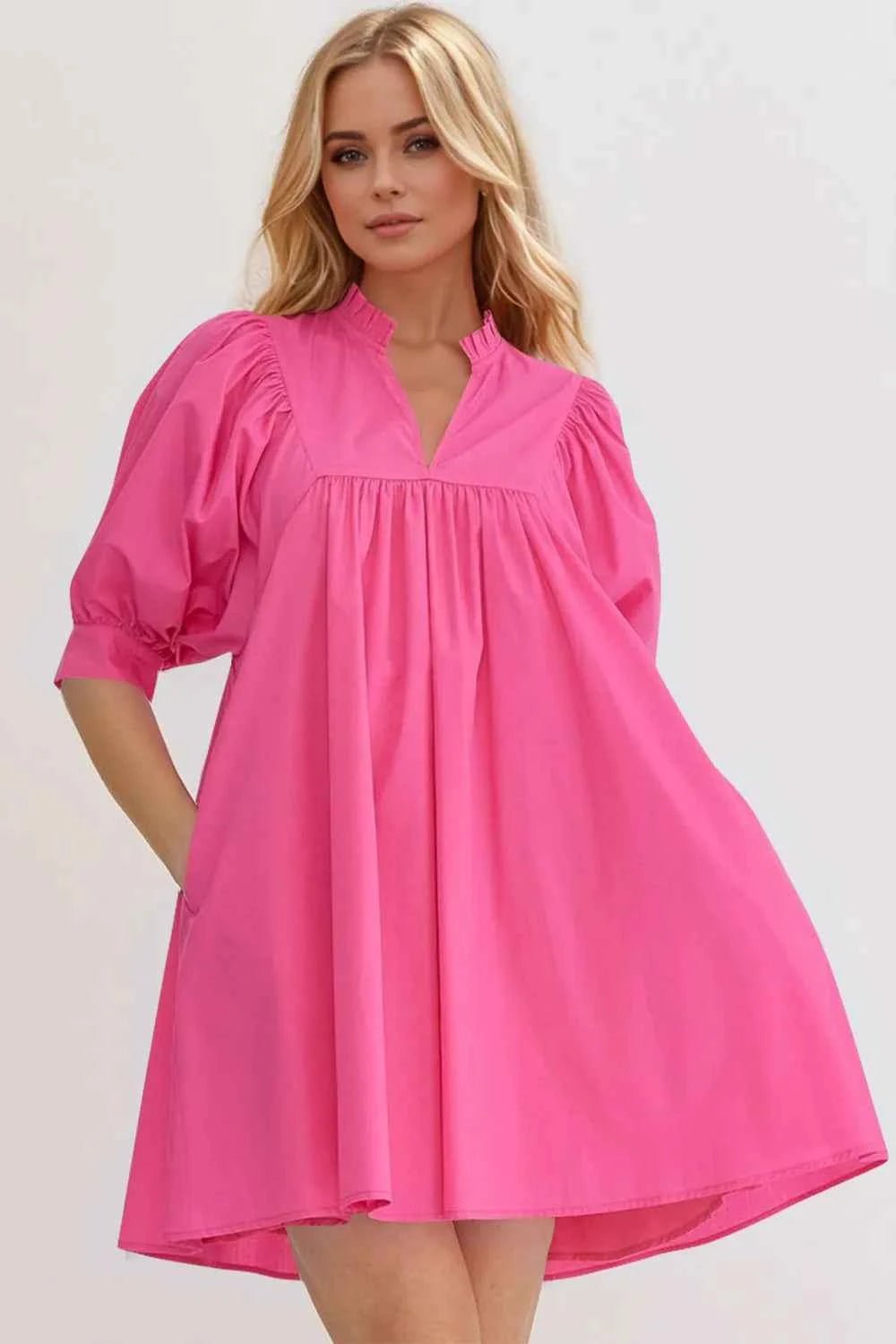 women_fashion - littlescollectionCotton dressFrill Notched Puff Sleeve Babydoll Mini Cotton DressBaggy dress cotton