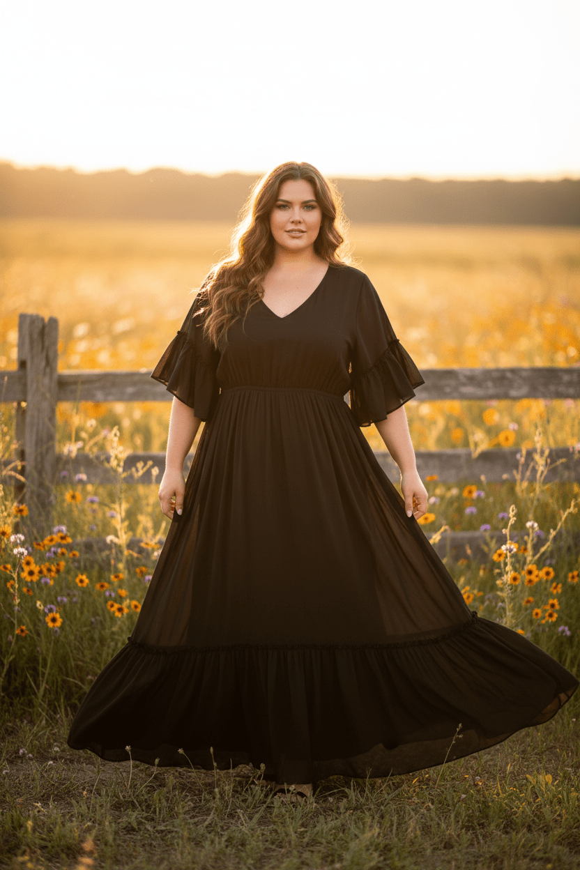 women_fashion - littlescollectionDressPlus Size Boho Ruffled Maxi Dress | Flutter Sleeves