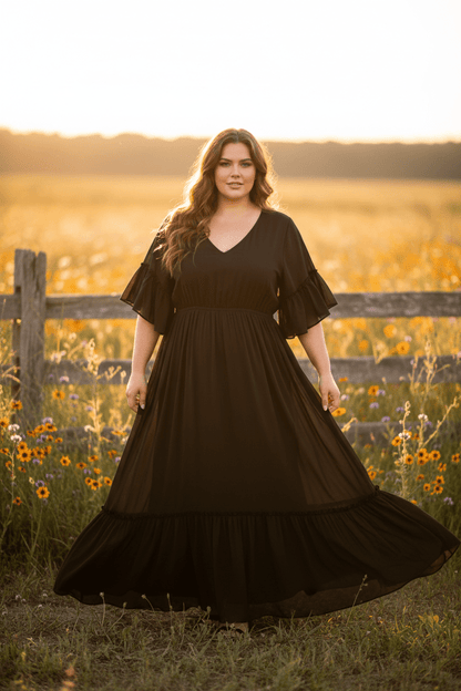 women_fashion - littlescollectionDressPlus Size Boho Ruffled Maxi Dress | Flutter Sleeves