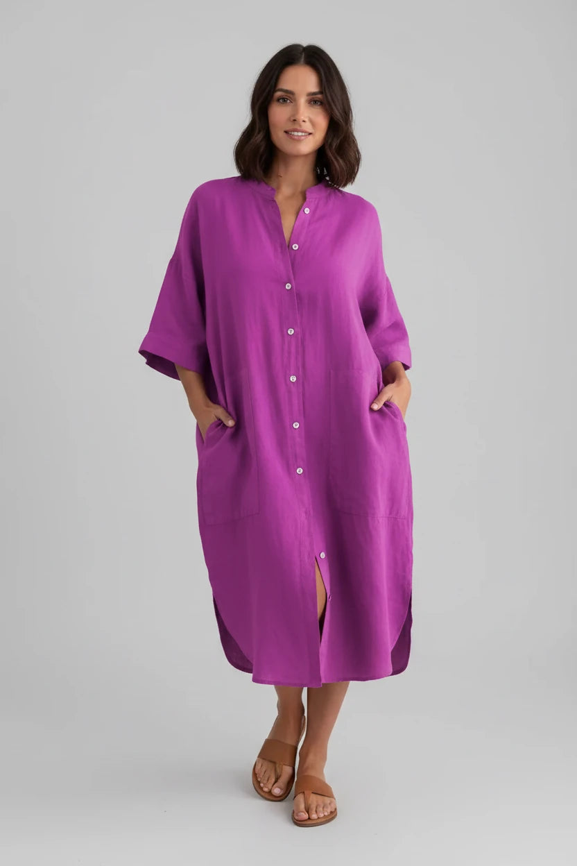 Linen Button Down Shirt Dress Patch Pockets Women&