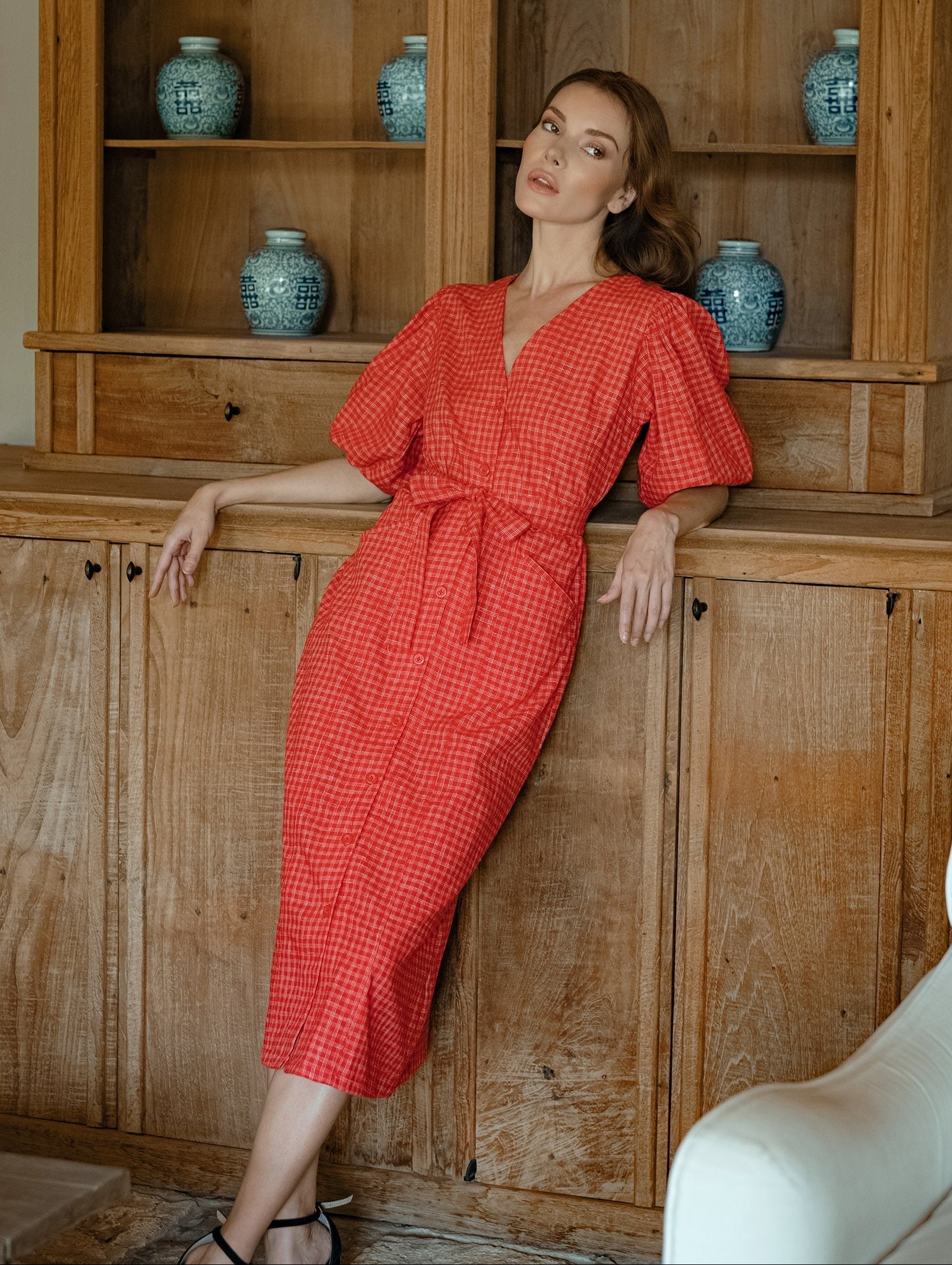 Cotton dress, Meghan Gingham Hemp Midi Dress in Scarlet Red Women&
