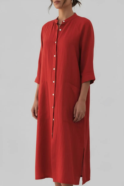 Red linen shirt dress, raglan sleeve, band collar, and button front