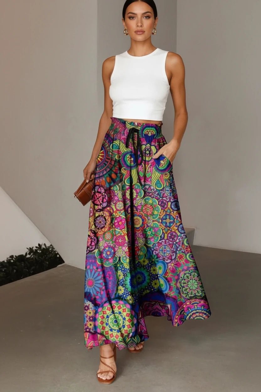 women_fashion - littlescollectionSkirtPrinted Vibrant Maxi Skirt with Pockets For Summer Festivalsdrawstring skirt