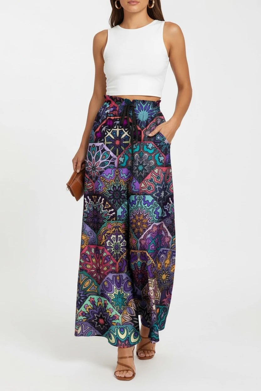 women_fashion - littlescollectionSkirtPrinted Vibrant Maxi Skirt with Pockets For Summer Festivalsdrawstring skirt