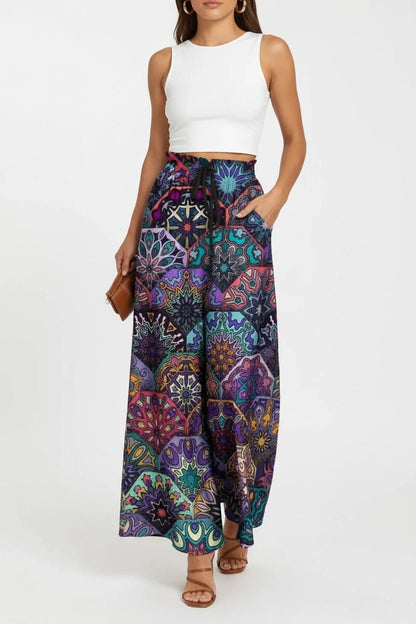 women_fashion - littlescollectionSkirtPrinted Vibrant Maxi Skirt with Pockets For Summer Festivalsdrawstring skirt