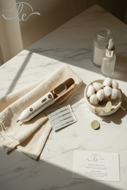 Hair straightener, towel, and decorative items on a marble surface with soft lighting.