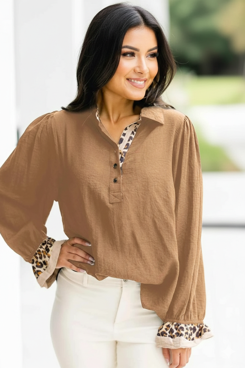 Leopard Trim Collared Blouse Long Sleeve Loose Fit Women