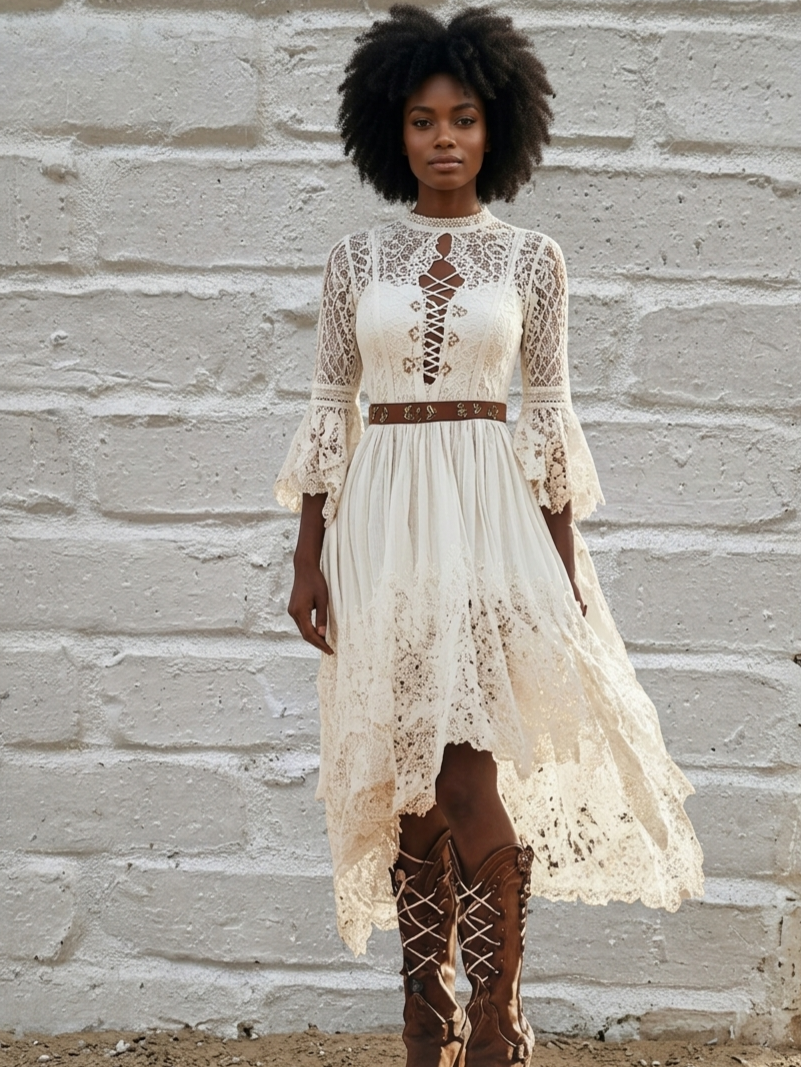 Lace Trimmed High-Low Vintage Dress Women