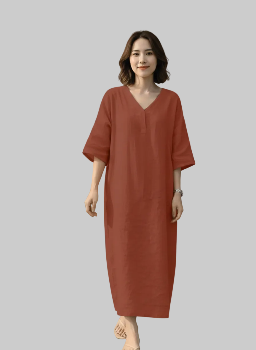 V-Neck Solid Cotton Blend Baggy Maxi Dress Women