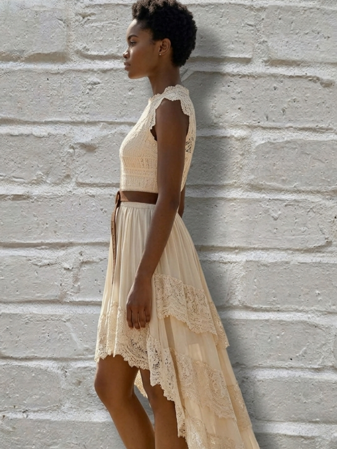 Lace Trim High-Low Sleeveless Vintage Dress Women