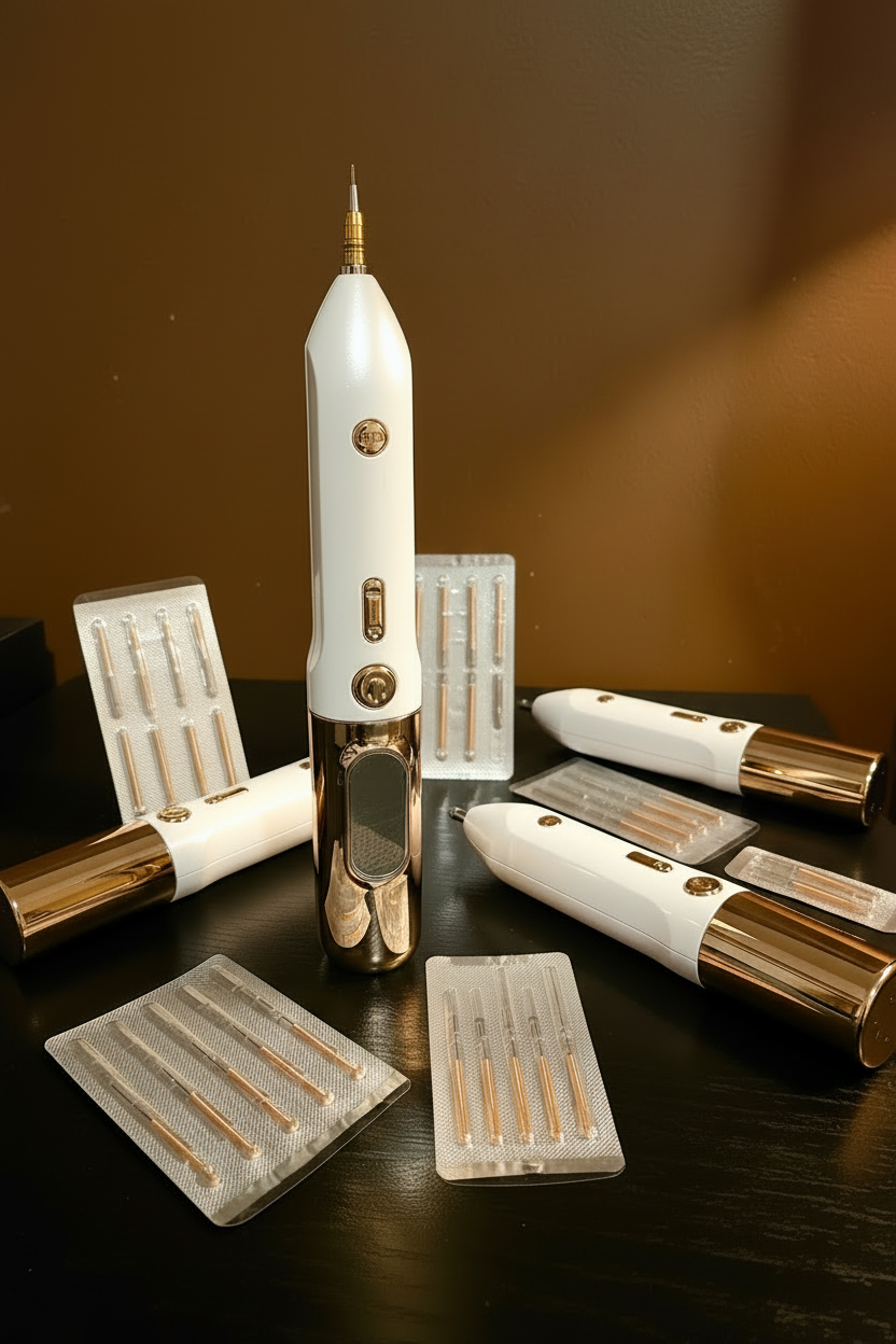 White and gold electronic device with attachments on a dark surface