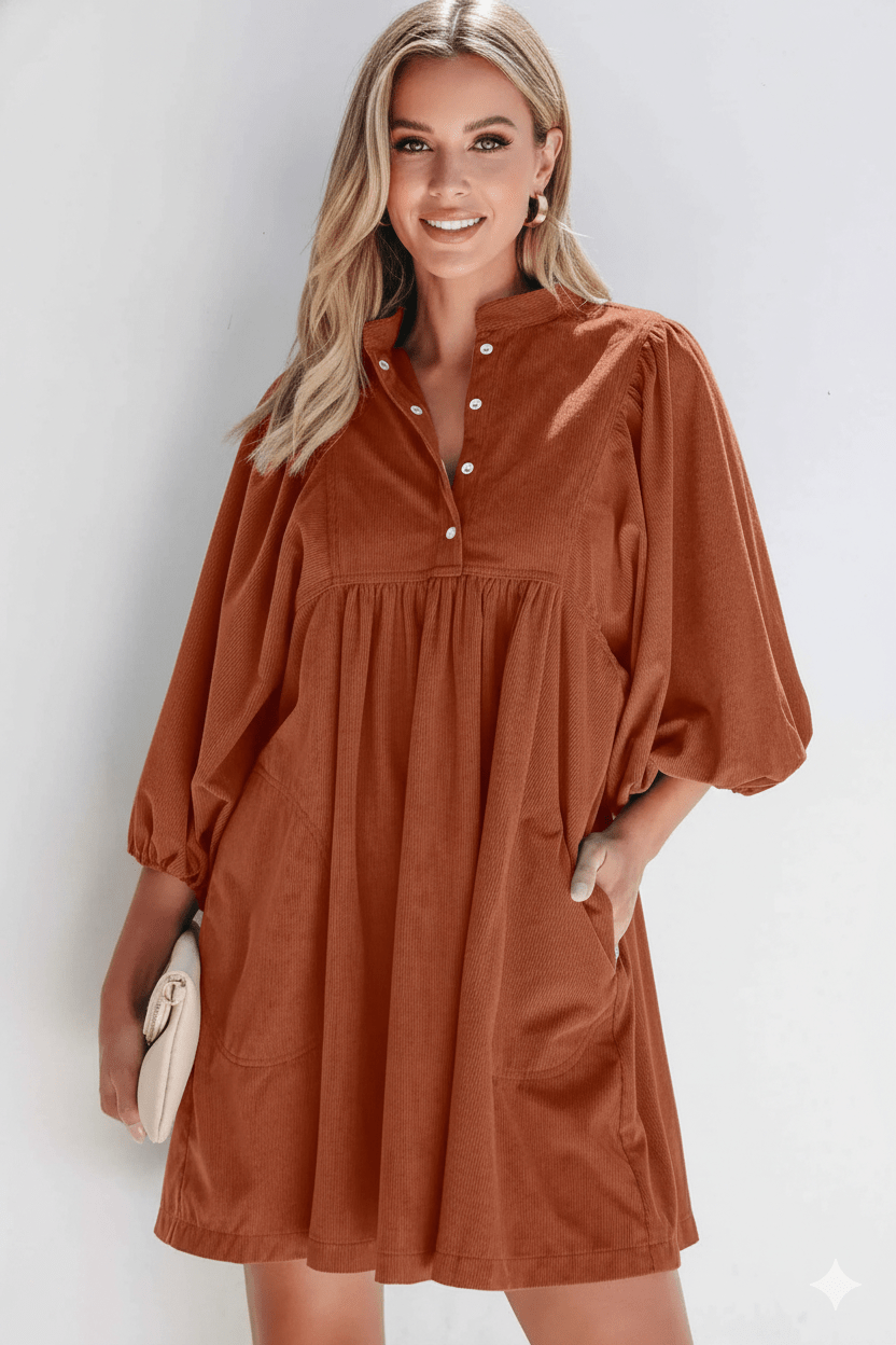 women_fashion - littlescollectionDressCorduroy Stand Collar Babydoll Cotton DressDress